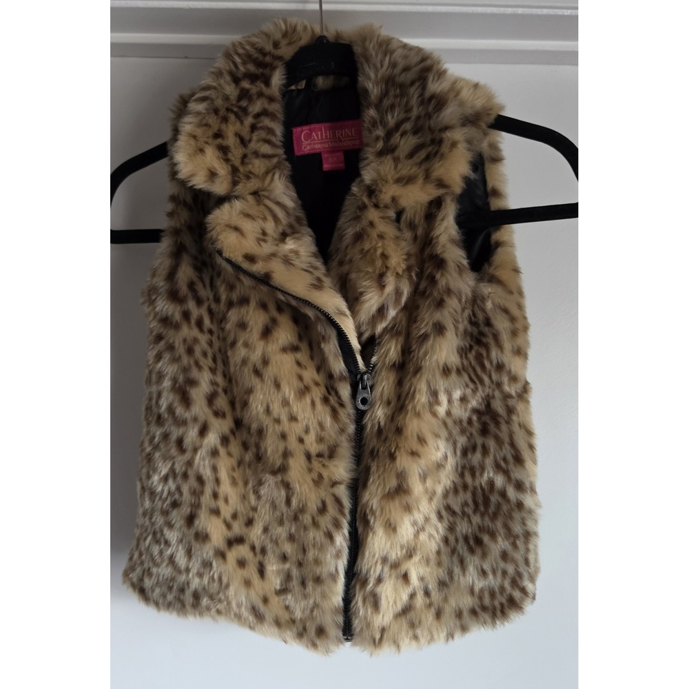Catherine Malandrino Vest Girl's 6X Leopard Print Tan Brown Black Faux Fur